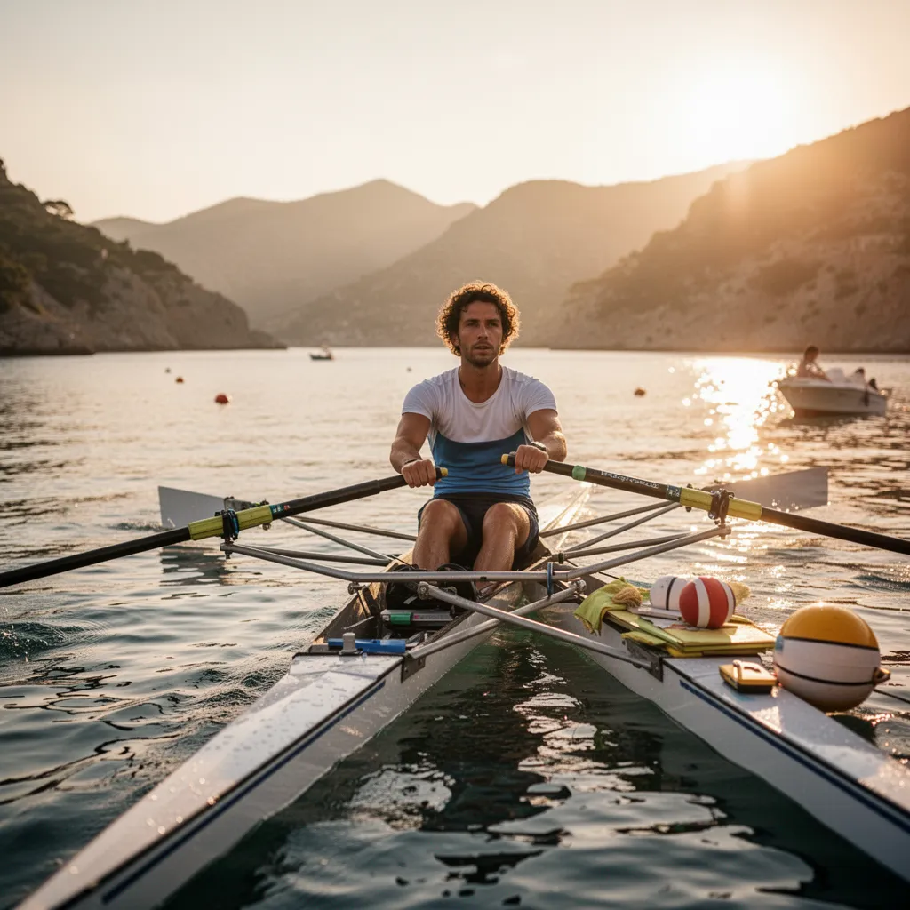 Rameurs en équipe glissant sur un lac calme au lever du soleil avec leurs avirons sortant de l'eau