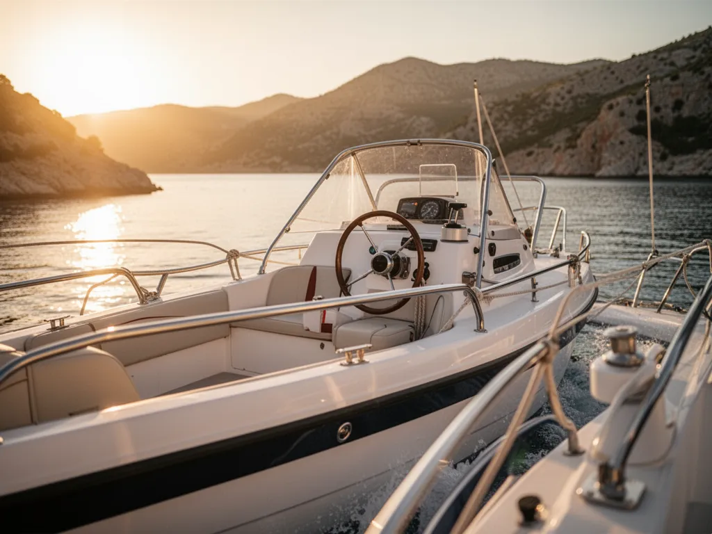 Bateau à moteur open filant à pleine vitesse sur une mer bleu turquoise avec gerbes d'écume blanche de chaque côté de la coque