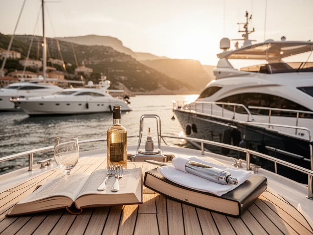 Motor-yacht blanc amarré dans un port méditerranéen avec mer turquoise en arrière-plan