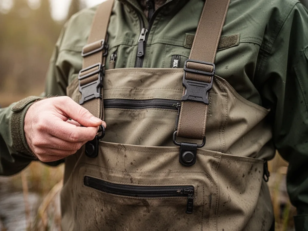 Adjustable suspenders on fishing waders, pulled snugly by a hand, fabric wrinkles, soft daylight, muted green and brown 