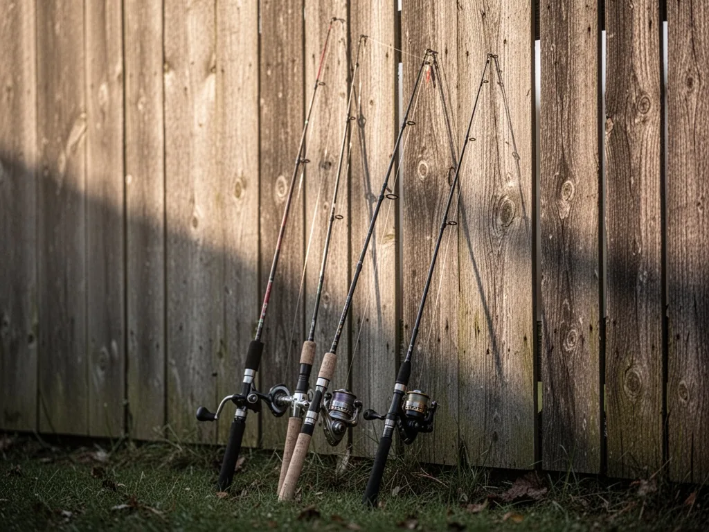 Three fishing rods of different lengths and thicknesses leaning against a weathered wooden fence, morning sunlight casti