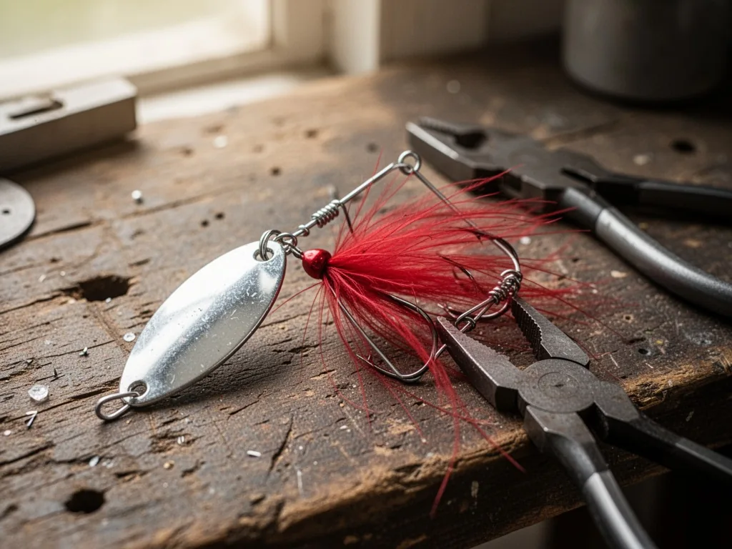 A close-up of a metal spinner lure being assembled: a silver blade and a red feathered hook on a wire frame, with a pair