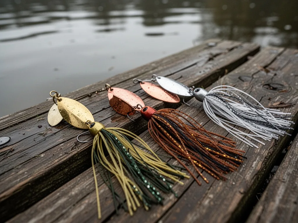 A close-up view of three spinner lures with brass, copper, and silver blades and different skirt colors, resting on a da
