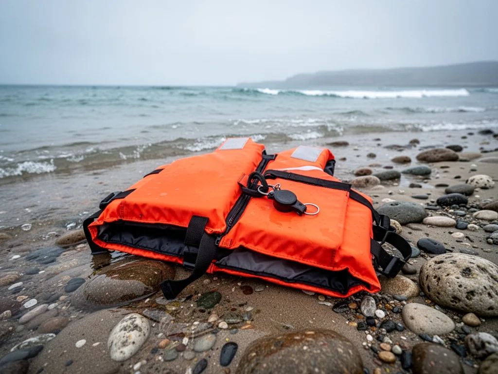 A bright orange life jacket with whistle attached, resting on a wet rocky shore, overcast sky, damp pebbles