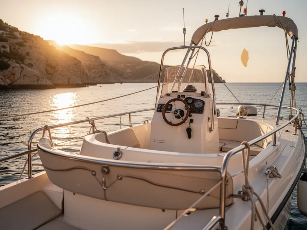 Bateau à moteur blanc amarré dans un port méditerranéen avec des cordages au premier plan et la mer en arrière-plan
