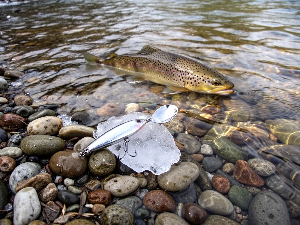 A silver wobbler spoon lure resting on smooth pebbles in icy stream water, a drowsy brown trout hovering motionless near