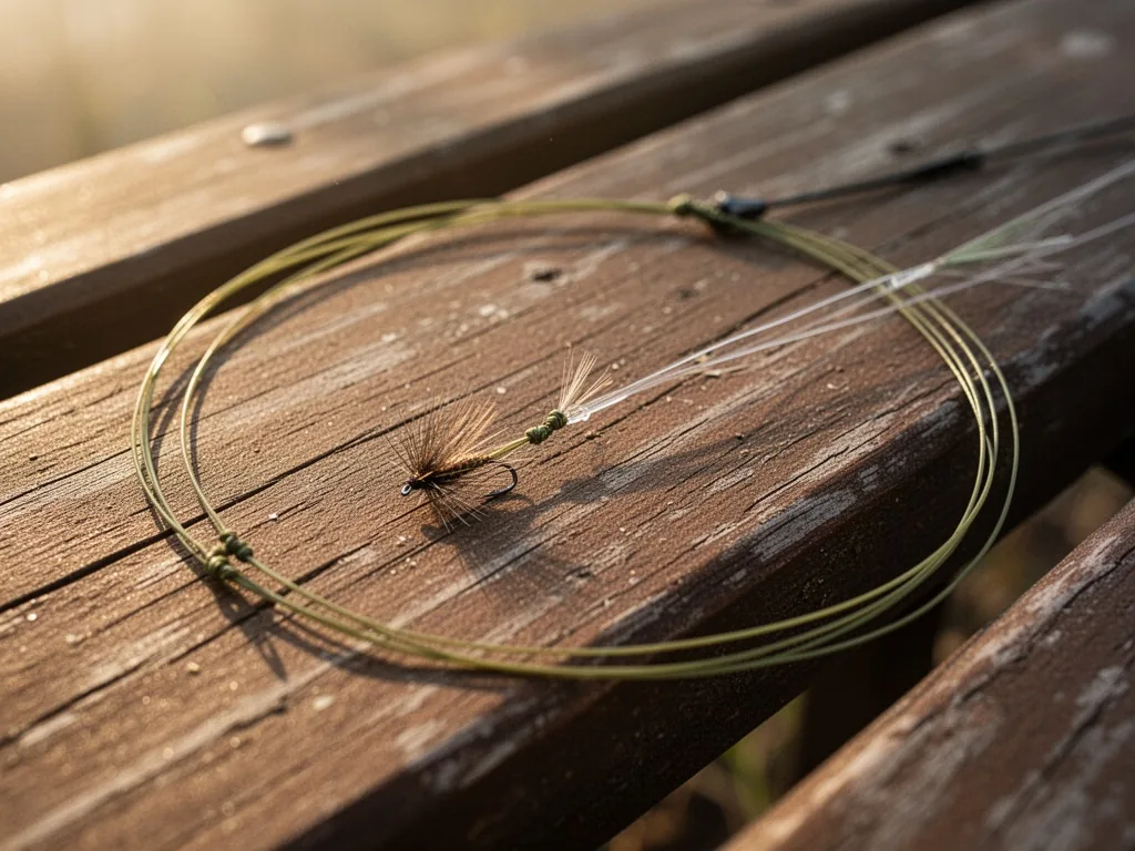 A fly fishing leader laid on a wooden bench, tiny knots near the fly, transparent tippet, soft morning light, instructio