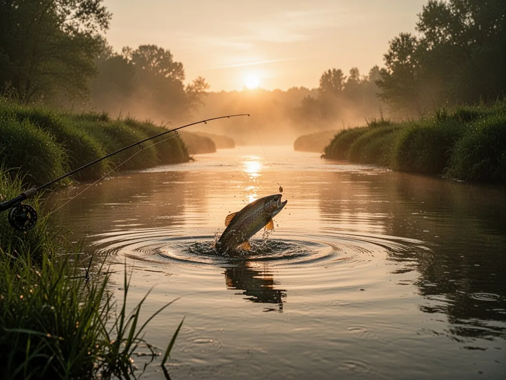 A trout rising in a calm river pool at sunrise, silhouette of a fly rod at the edge, misty green banks, quiet patience