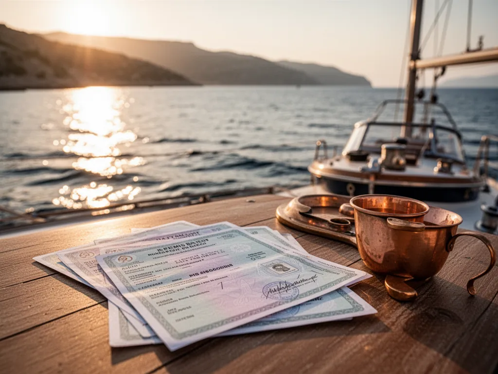 Bateau à moteur blanc filant sur une mer bleue calme avec un skipper à la barre