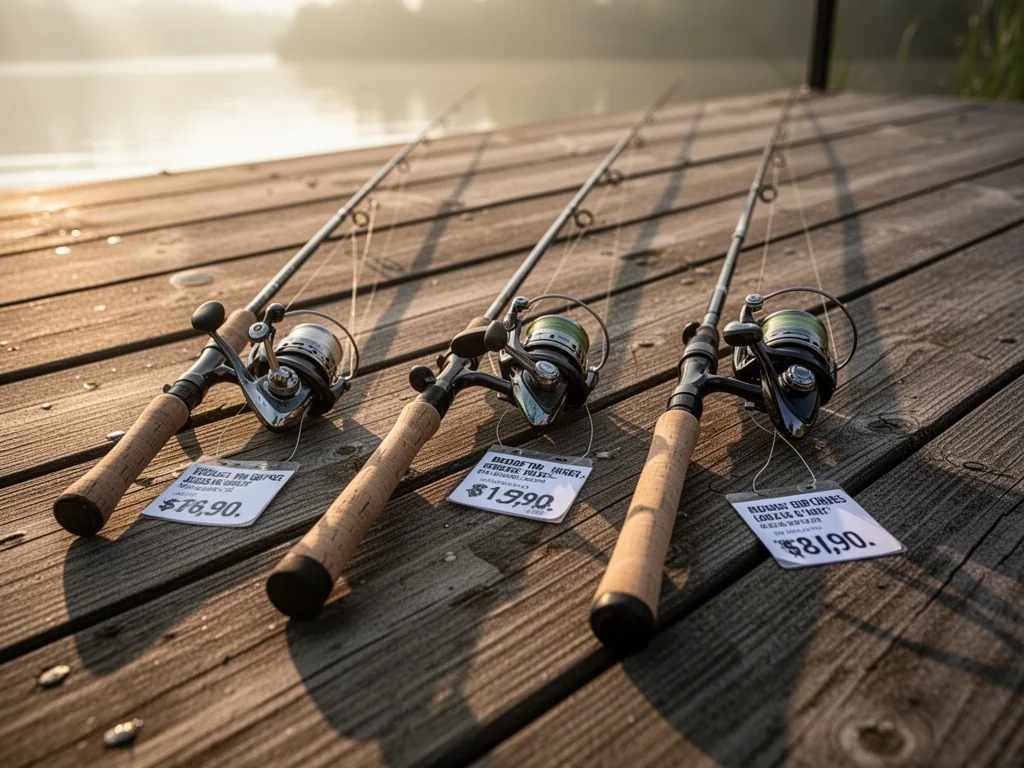 Three carp fishing rods of different budgets laid on a wooden dock, morning sun casting long shadows, price tags visible