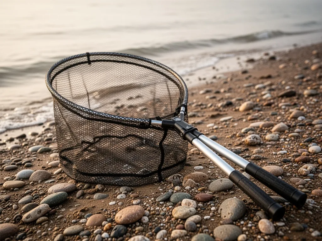 A fishing net with a knotless mesh bag, wide oval frame, and telescopic aluminum handle resting on a pebbly shore, diffu