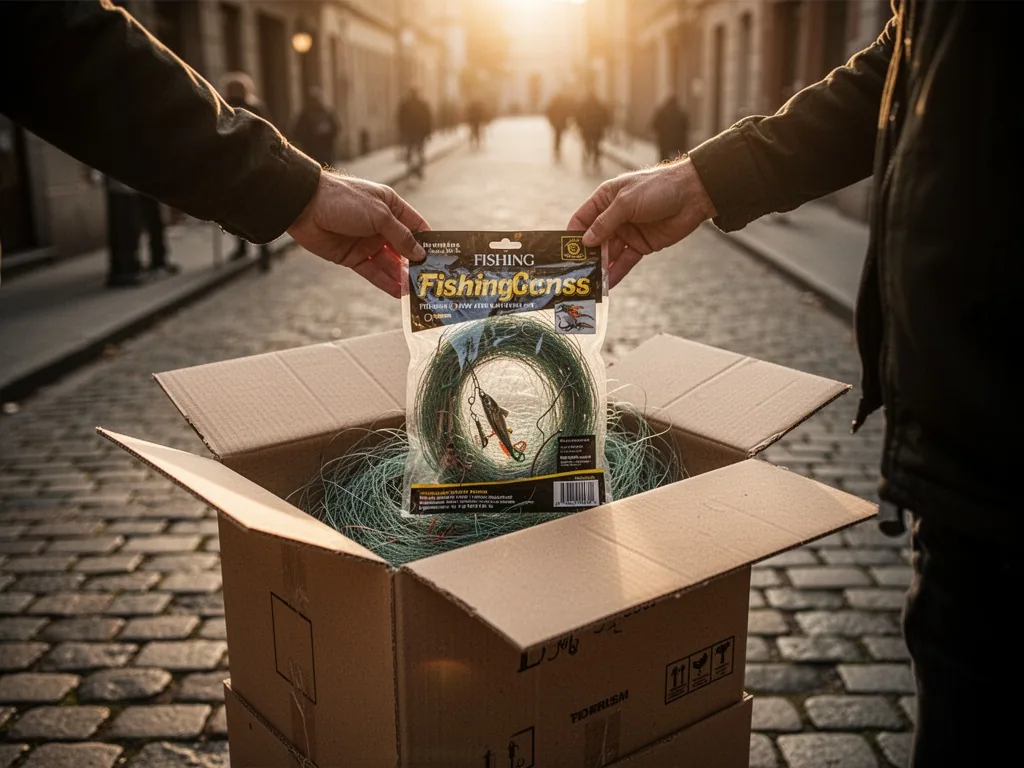 A cardboard shipping box containing a fishing net package handed between two blurred silhouettes on a cobblestone street