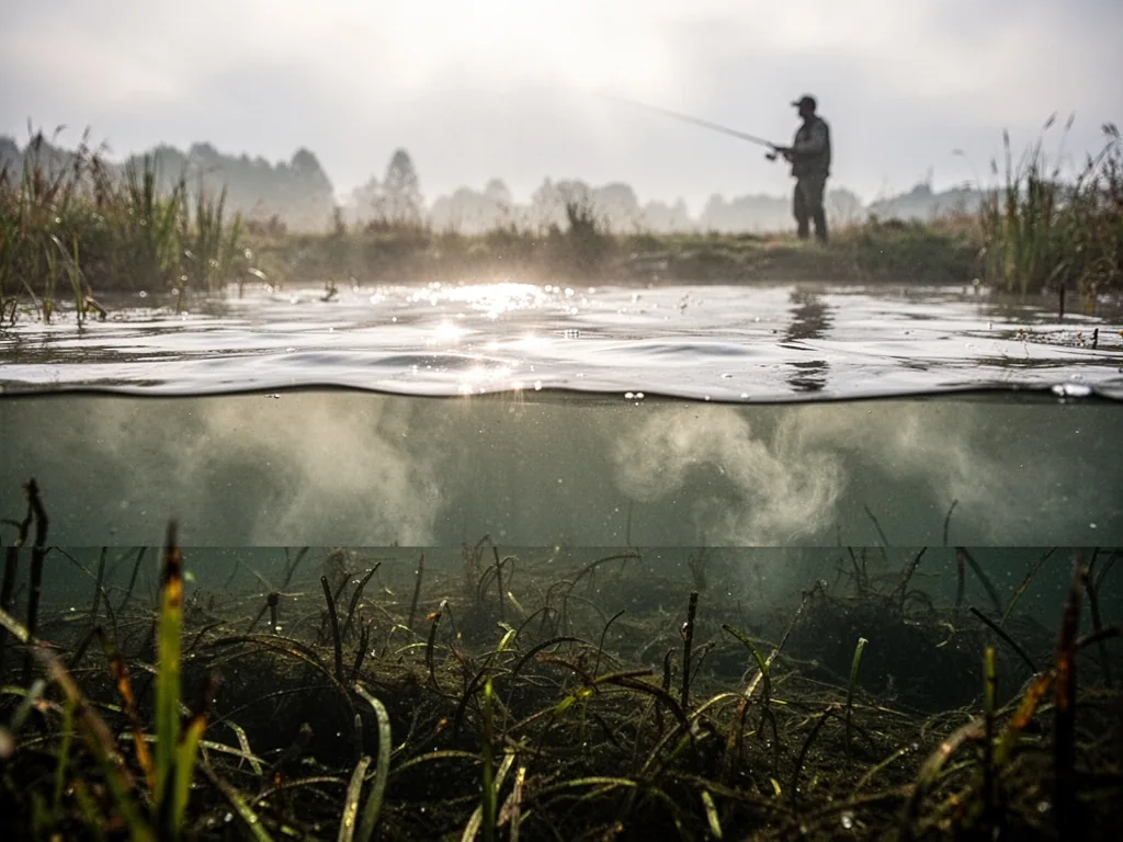 Three distinct water layers in a pond: bright sunlit surface, cloudy middle depth, dark bottom weed bed, morning light, 