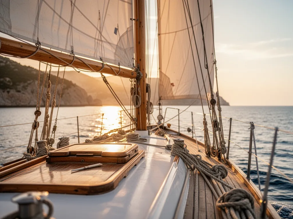 Voilier ketch naviguant par vent modéré avec ses deux mâts et voiles déployées en Méditerranée