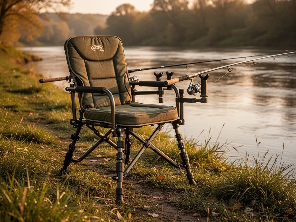A sturdy carp fishing chair with adjustable legs, padded seat, and integrated rod pod, placed on a grassy riverbank duri