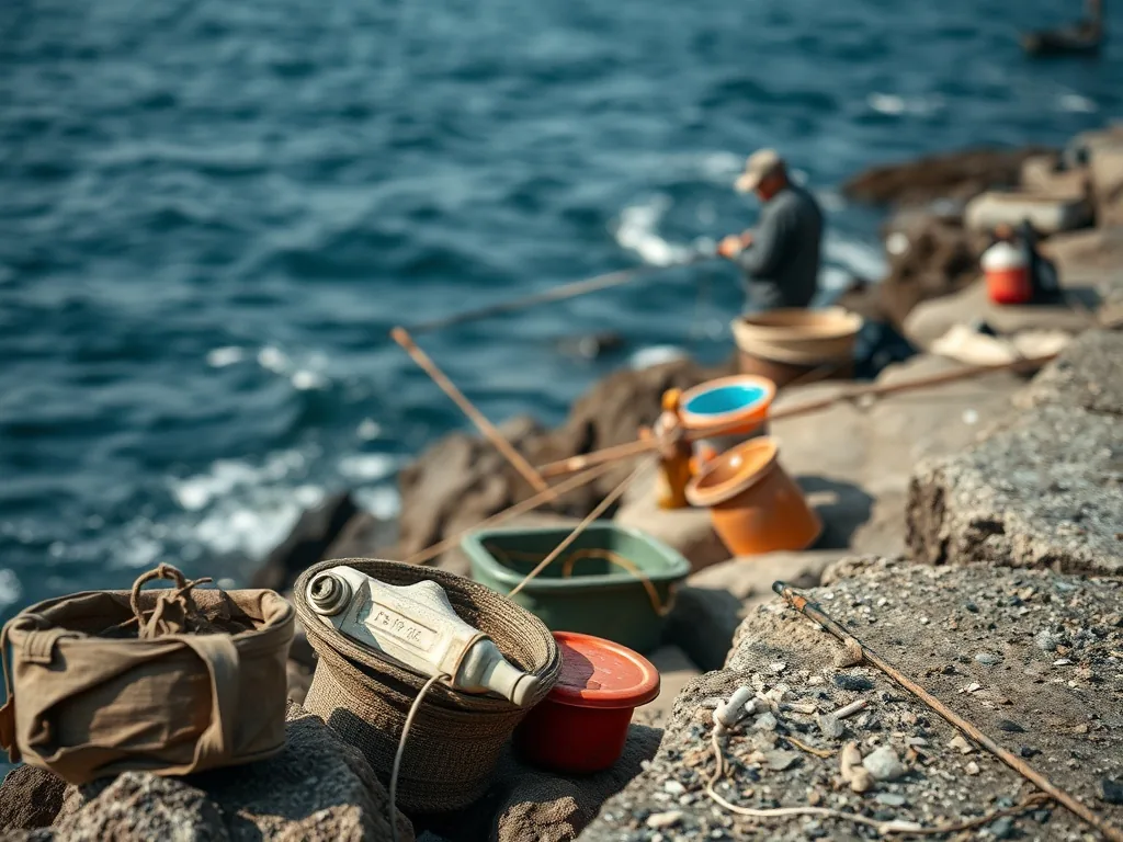 Pêcheur en mer sur un petit bateau, canne haute, horizon dégagé