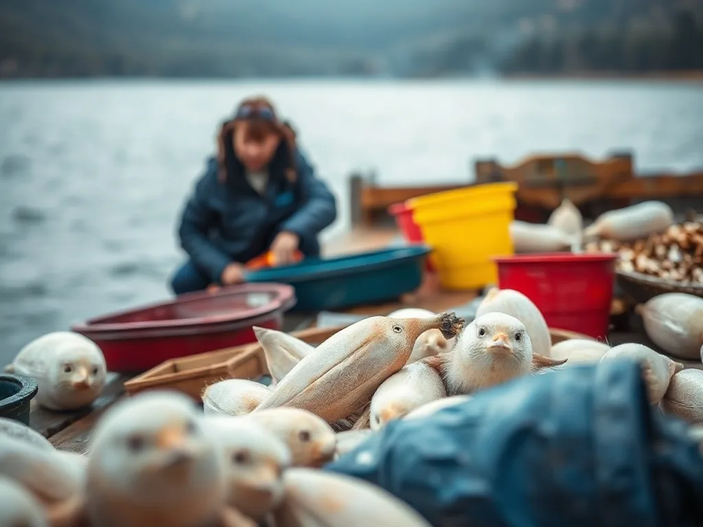 Pêcheur de carpe posé au bord du lac de Machilly, cannes sur détecteurs, avec les montagnes de Haute-Savoie en toile de fond