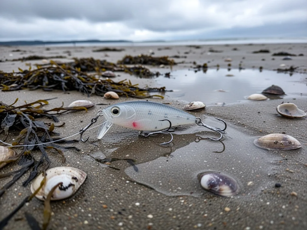 Close view of soft plastic lure rigged on a jig head, resting on wet tidal sand with seaweed, shells, and a small puddle