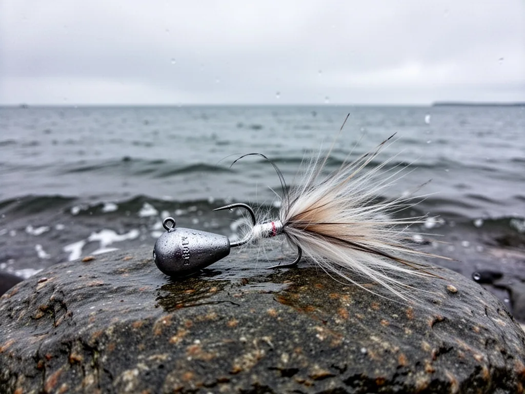 Lead jig head with a heavy bullet weight and feathered tail, placed on a wet rock at the water's edge, grey overcast sky
