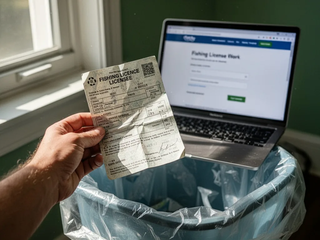 A hand holding a crumpled fishing license over a recycling bin, with a laptop screen showing the renewal form website in
