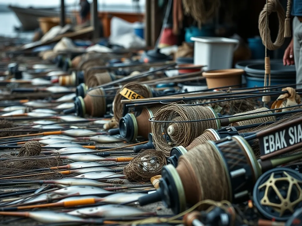 Assortiment de cannes, moulinets et boîtes à accessoires posés sur une cale en bois au bord d'un étang