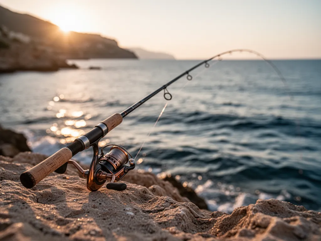 Canne spinning tenue à deux mains au bord d'un lac, ligne tendue vers la surface avec un brochet en train de combattre