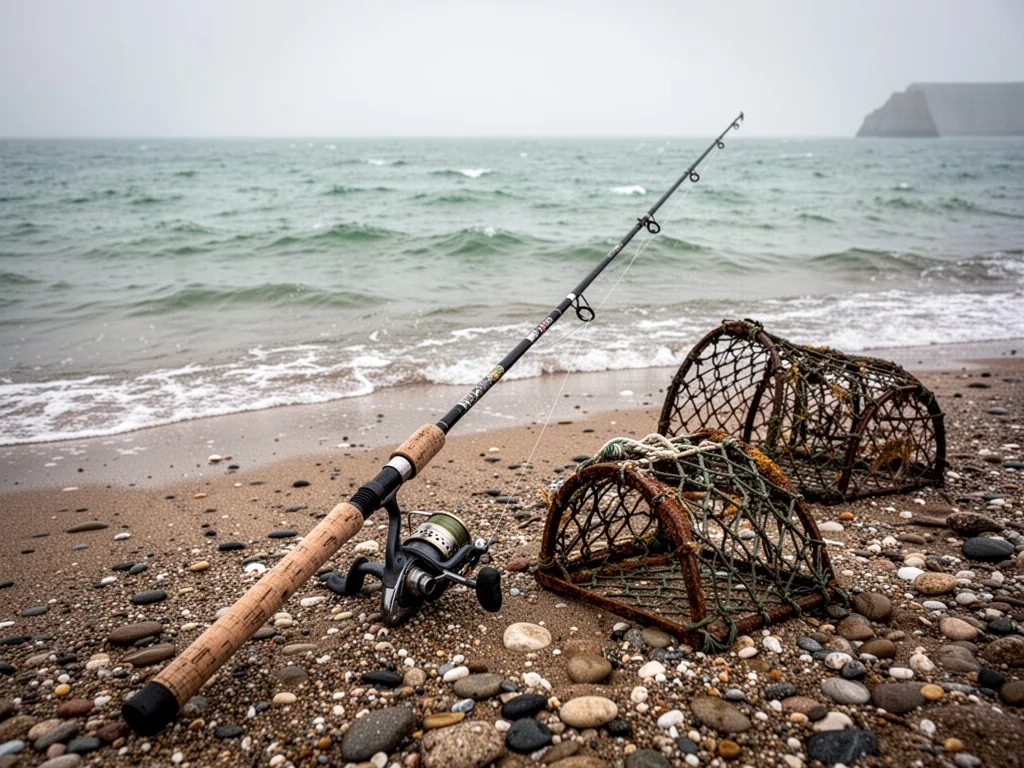 A weathered fishing rod resting on a pebble beach in Normandy, broken crab traps nearby, gray-green sea under soft overc