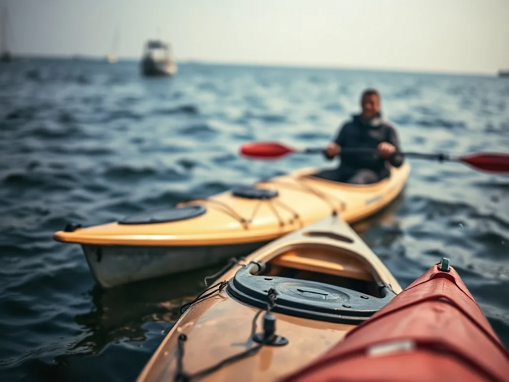 Kayak de pêche sit-on-top orange équipé de porte-cannes, flottant sur une mer calme sous un ciel nuageux