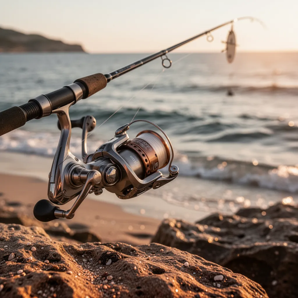 Moulinet surfcasting posé sur une canne à pêche plantée dans le sable d'une plage au lever du soleil