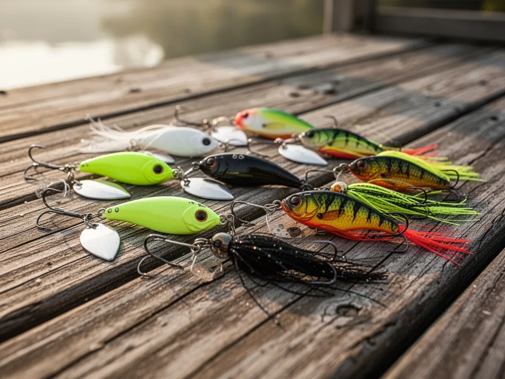 A collection of spinnerbait lures in various colors (chartreuse, white, black, firetiger) laid on a weathered wooden doc
