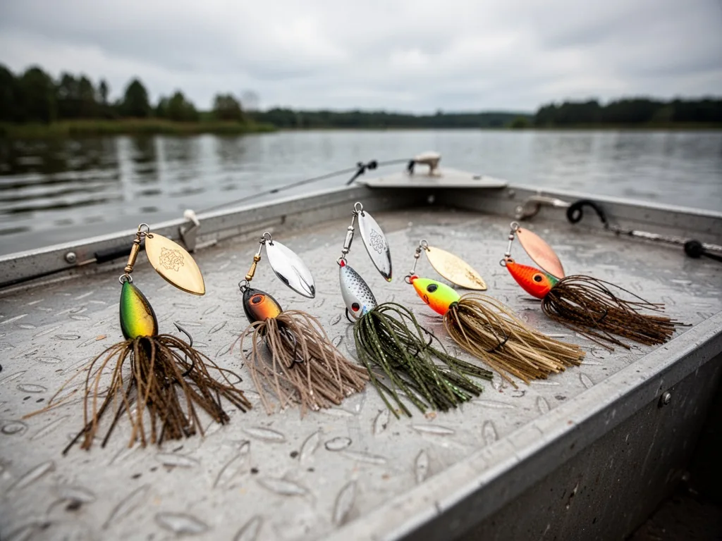 Five different spinnerbait lures arranged on a metal boat deck, each with unique blade shapes and skirts, overcast sky, 