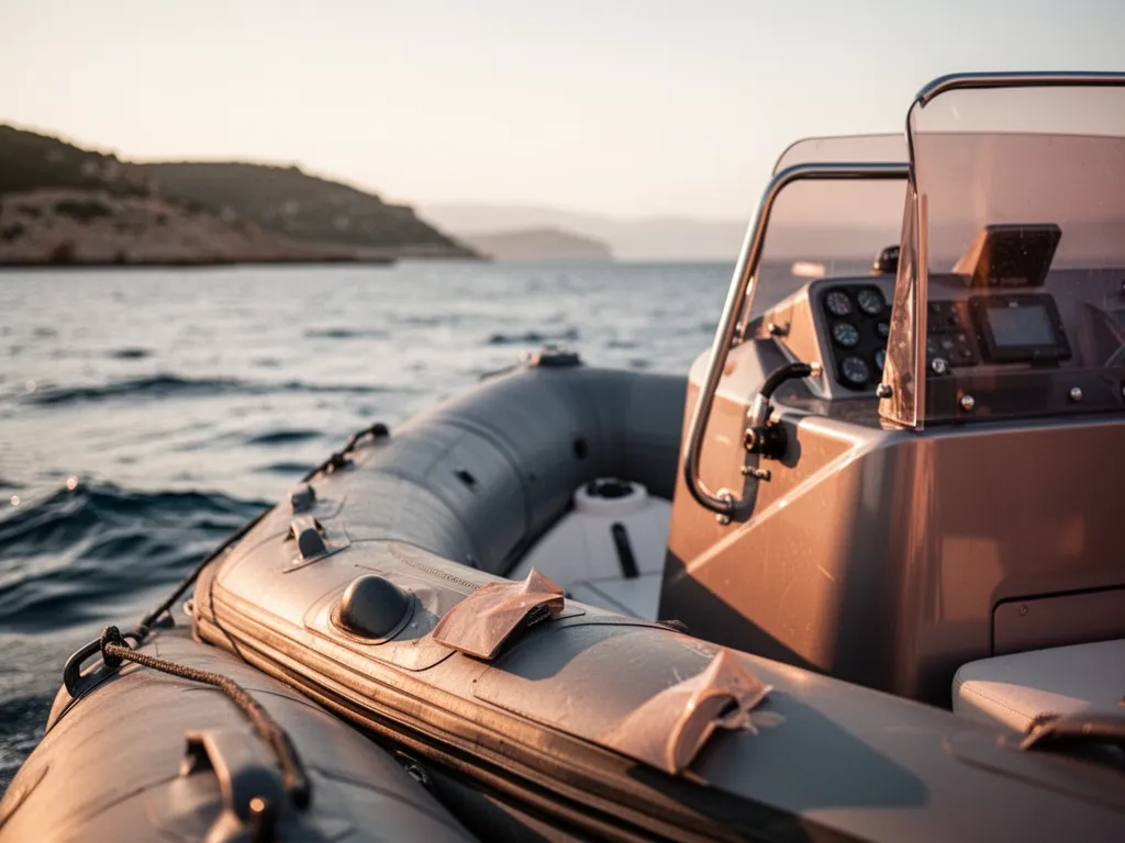 Semi-rigide gris à coque en V naviguant dans une mer légèrement agitée avec un pêcheur à bord