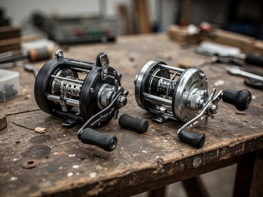 Two fishing reels side by side on a worn wooden table, one with a baitrunner lever, one with a front drag knob, shallow 