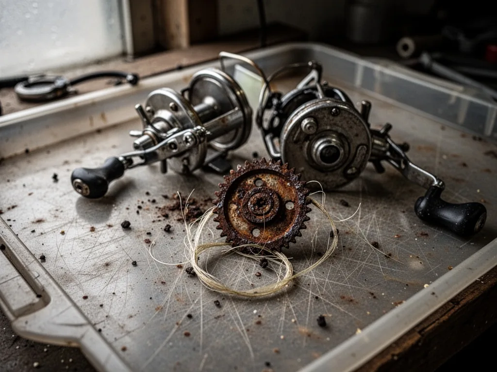 A disassembled fishing reel with a corroded metal gear and frayed line, scattered on a scratched plastic tray, dim indus