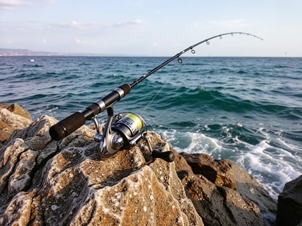 Moulinet spinning monté sur une canne posée contre un rocher face à la mer