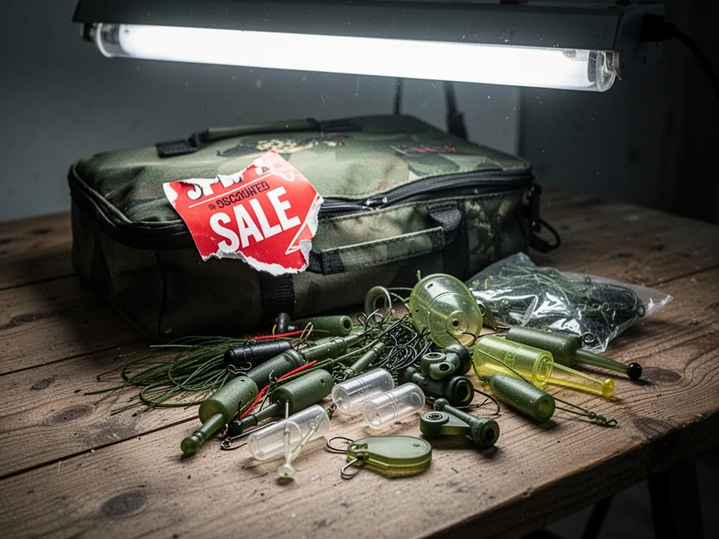 A discounted carp fishing pack on a wooden table, cheap plastic accessories spilling out, a red sale sticker half peelin
