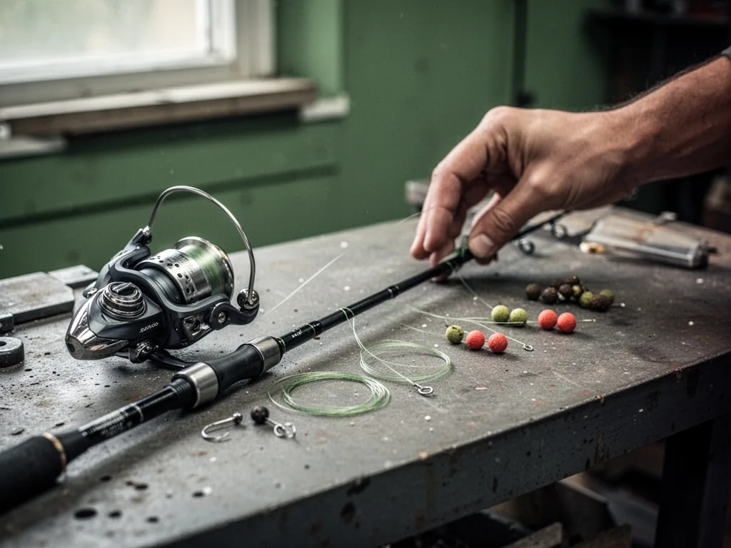A hand arranging individual carp fishing components, rod, reel, line, bait, in a clean row on a workshop bench, soft win