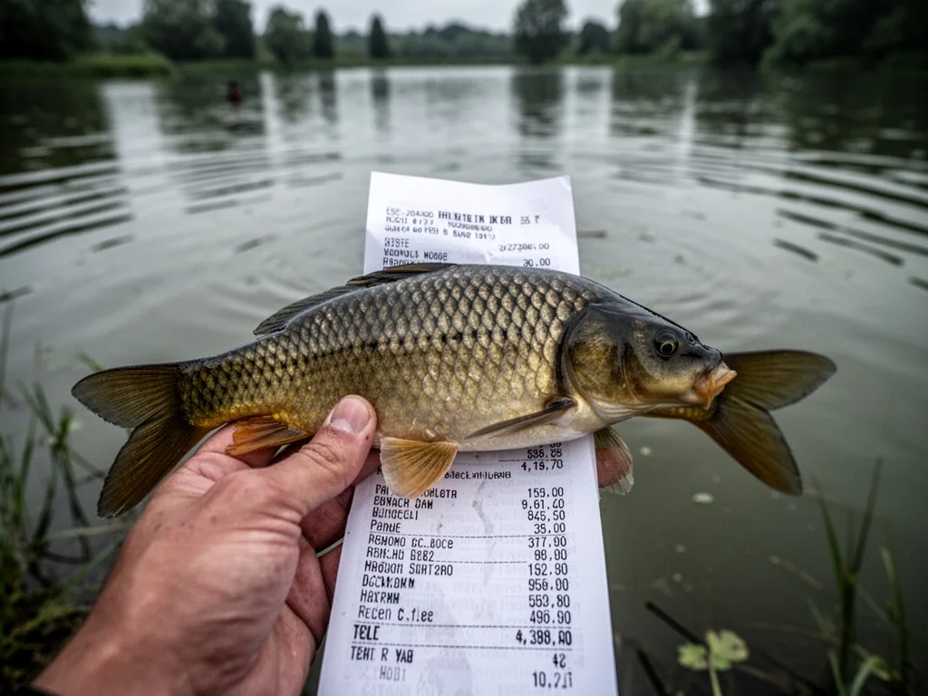 A glistening common carp held by a blurred hand above a printed receipt showing inflated prices, rippled pond water back
