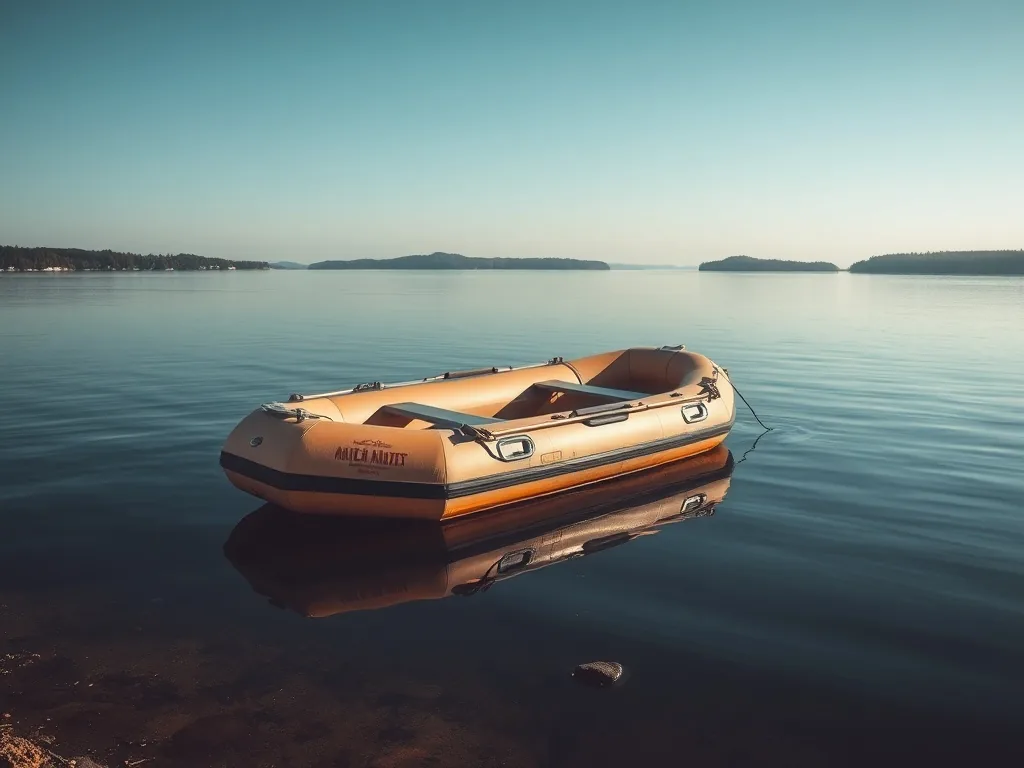 Bateau pneumatique chargé de matériel de pêche à la carpe, flottant sur un plan d'eau calme entouré d'arbres, avec cannes posées sur un plancher rigide.