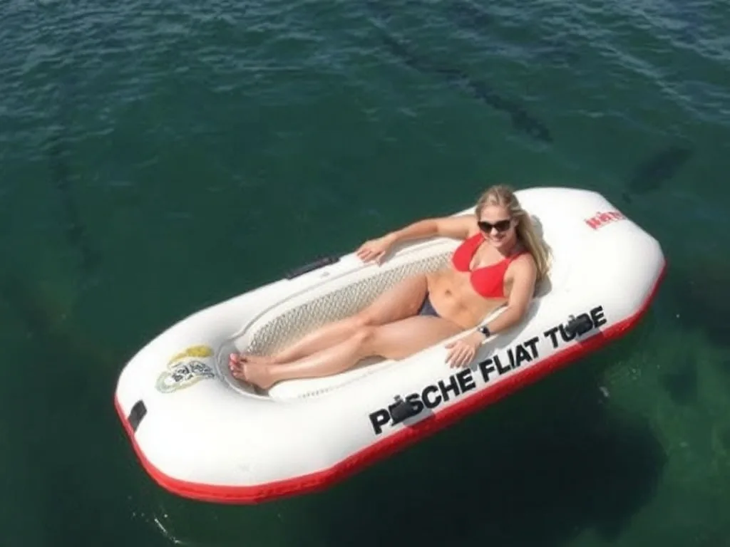 Pêcheur en float tube au lever du jour sur un lac calme, canne en main, palmes visibles