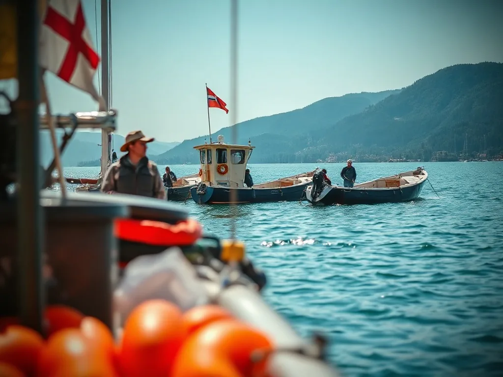Vue aérienne du lac Léman avec un pêcheur lançant un leurre depuis un bateau, entouré de montagnes bleutées par une journée