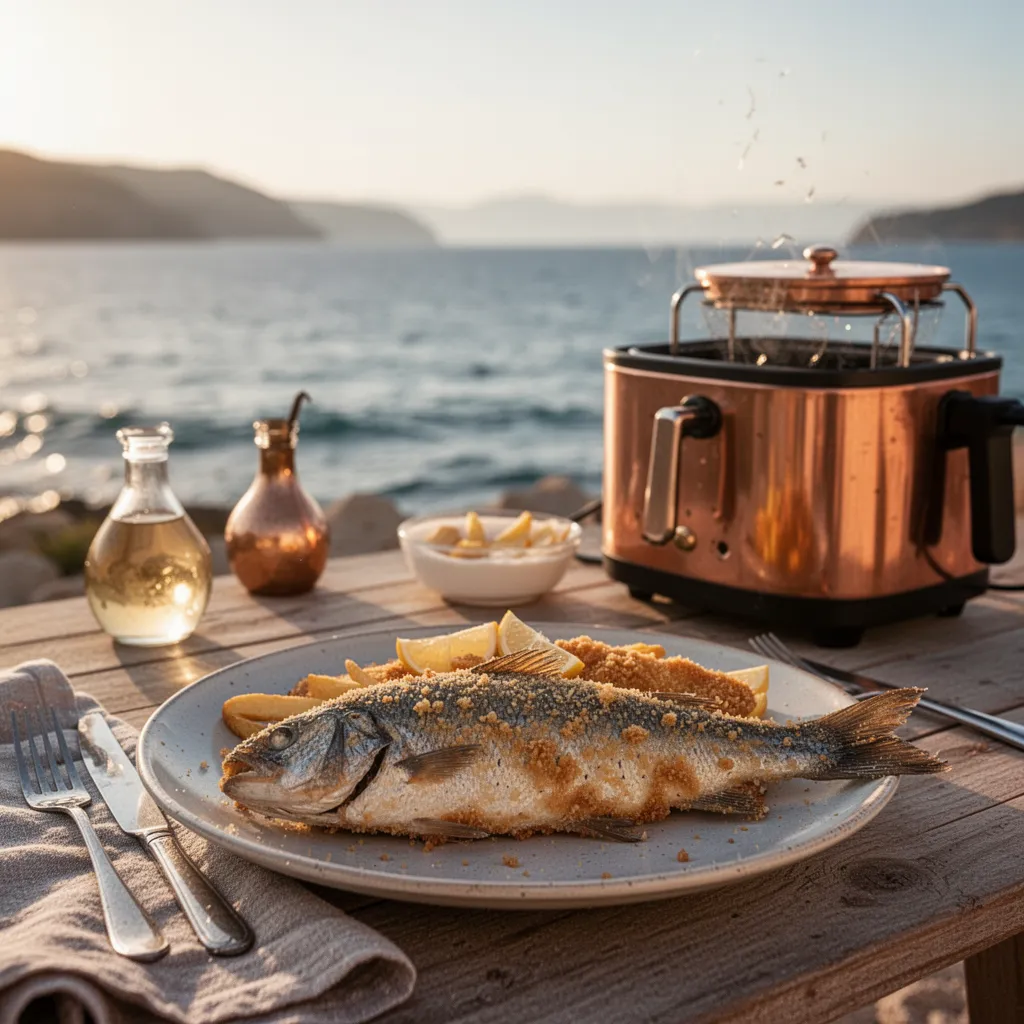 Filets de poisson panés dorés sortant d'une friteuse avec de l'huile bouillonnante