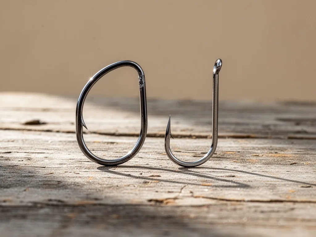 A curved fishing hook and a straight fishing hook placed side by side on a weathered wooden table, morning sunlight