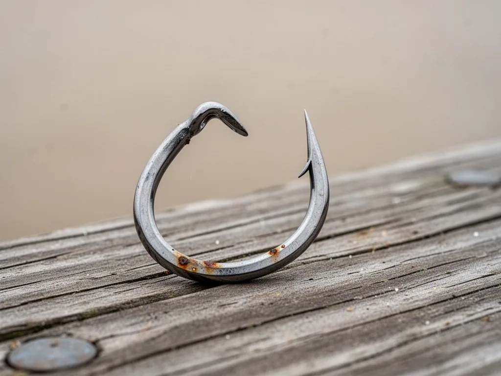 A fishing hook with its point bent open, lying on a wooden dock, tiny rust spots visible, overcast diffuse light