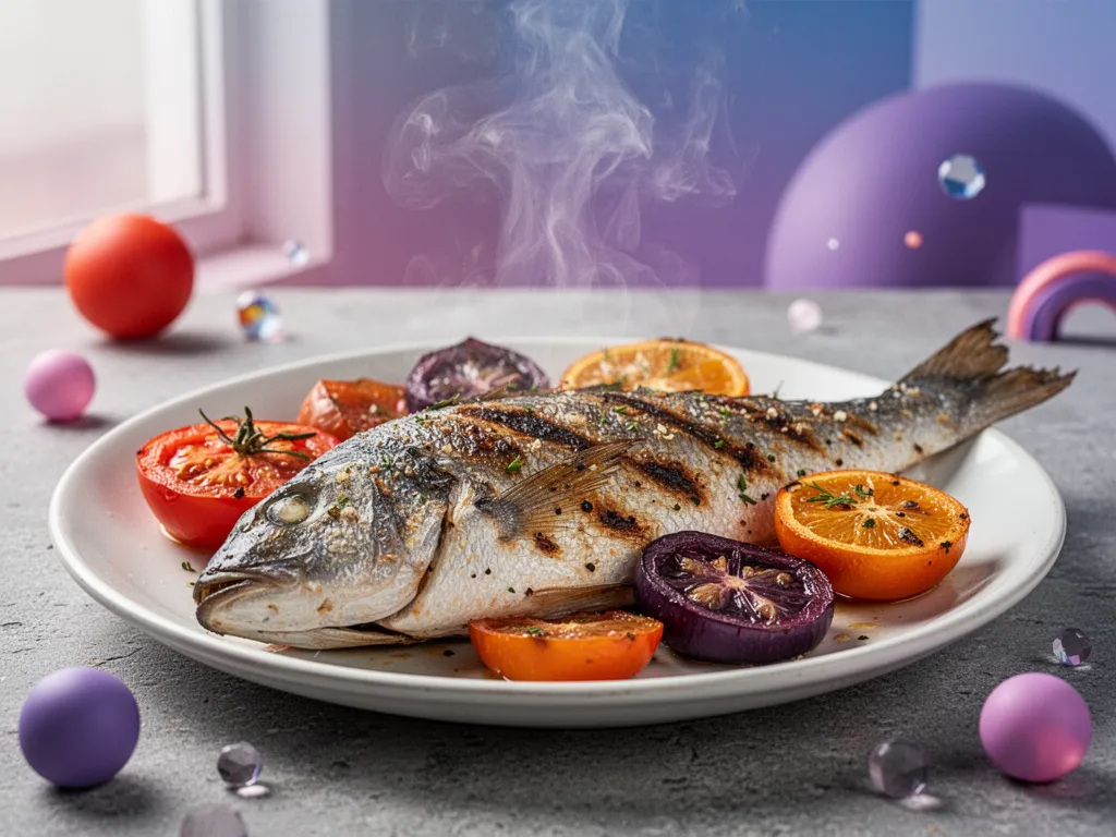 Poisson grillé avec herbes et citron sur un plat en terre cuite