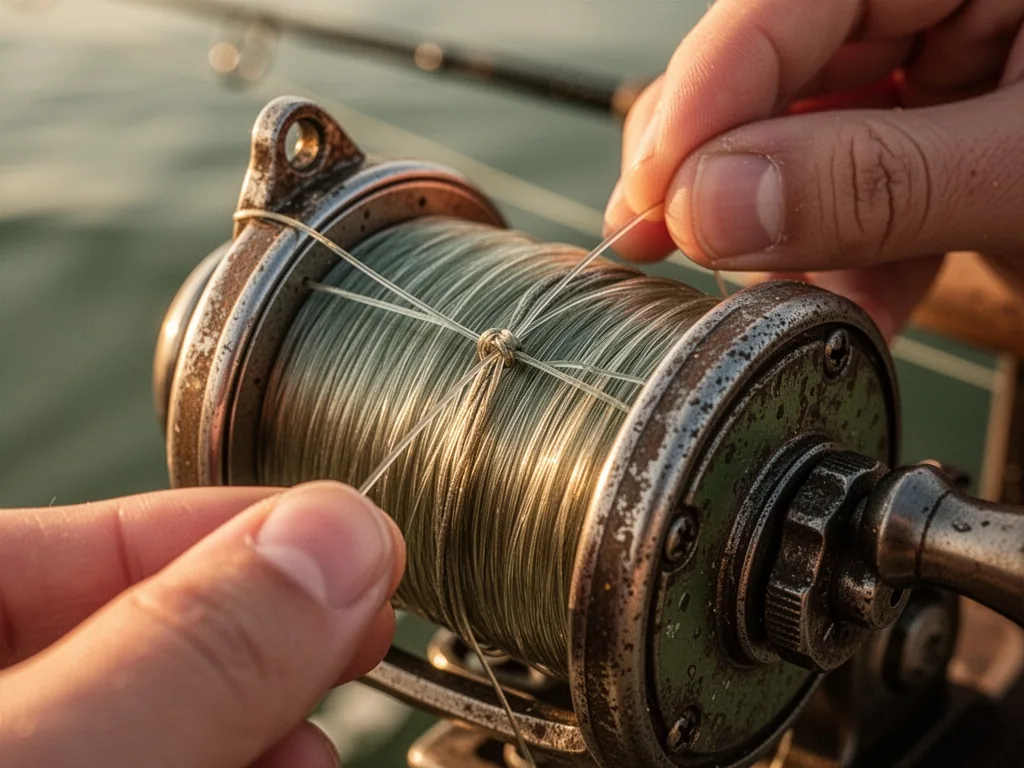 A fishing reel spool with nylon backing line secured by an arbor knot, fingers carefully looping the line, close-up on m