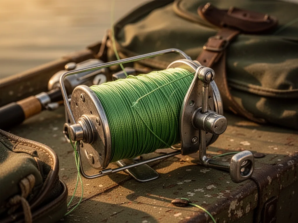 A spool of bright green braided fishing line being wound onto a metal reel with even tension, line guide moving, soft sh