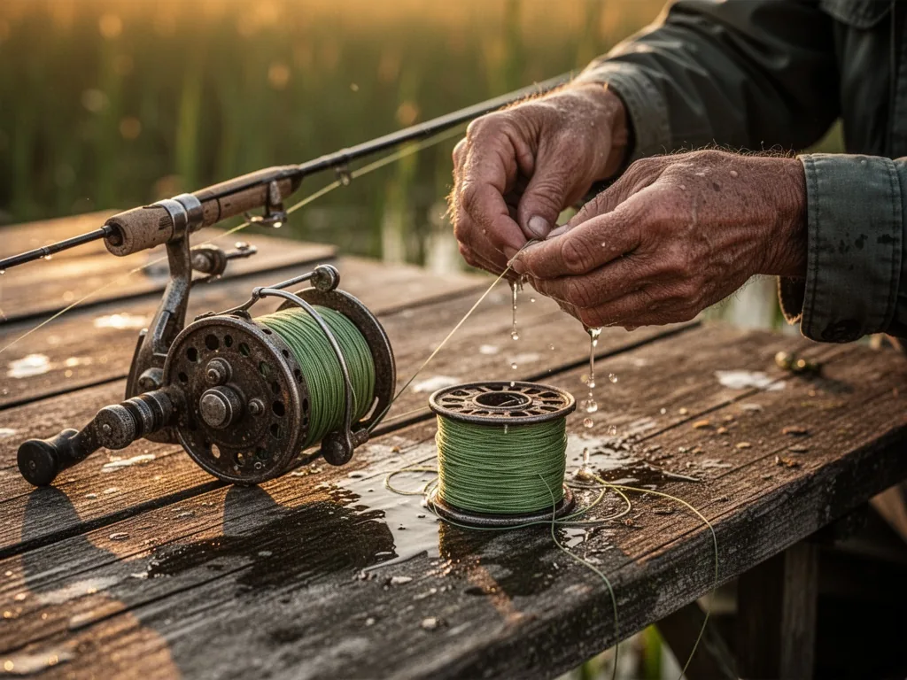 A weathered wooden table with old fishing reel and partially filled spool, old fisherman's hands applying water to line,