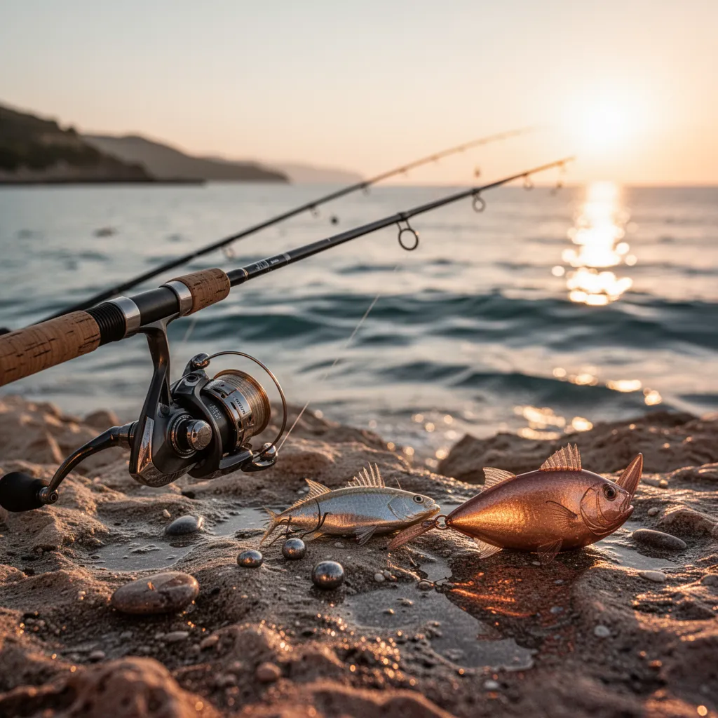 Rayonnage Decathlon avec cannes à pêche, moulinets et boîtes de leurres affichant des étiquettes de réduction