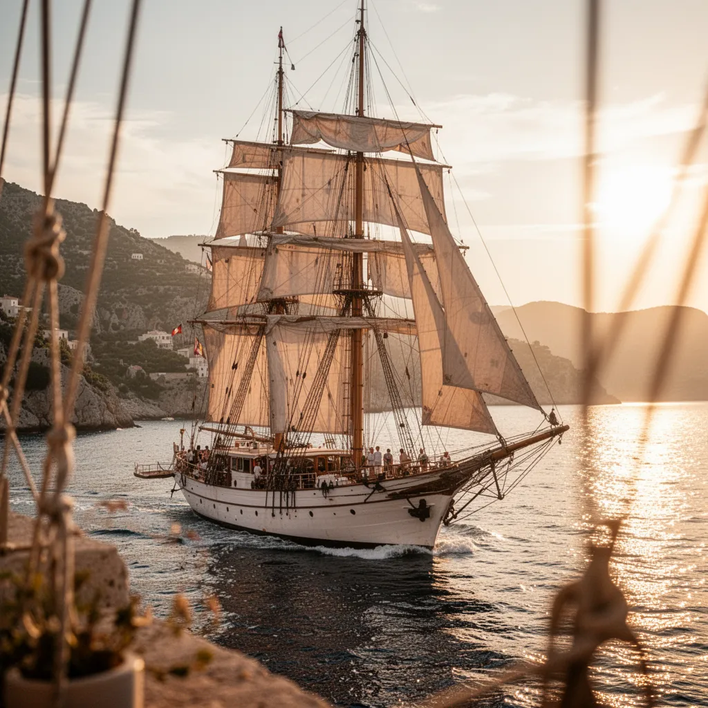 Trois-mâts barque à voiles carrées et auriques naviguant en pleine mer sous un ciel bleu parsemé de nuages